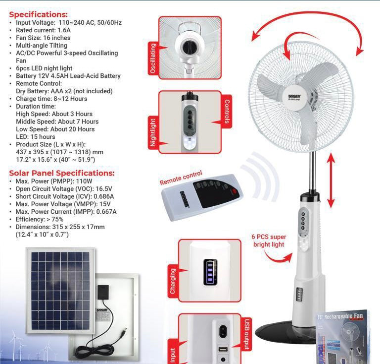 Ludger Rechargeable Fan 16” with Emergency Light and Solar Panel EL-1612-SPSF
