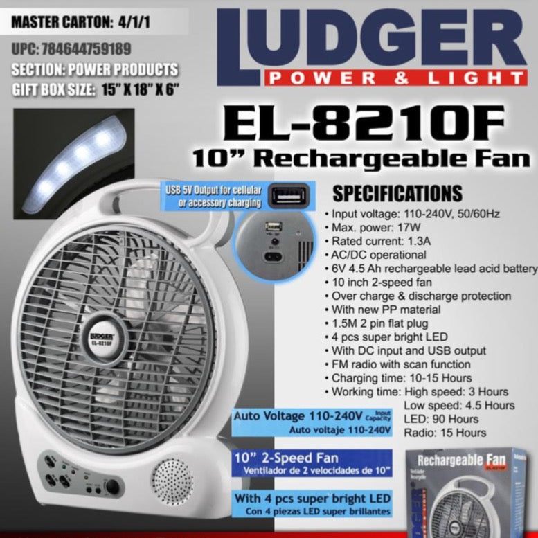 Ludger Rechargeable Fan 10” with Emergency Light EL-8210F
