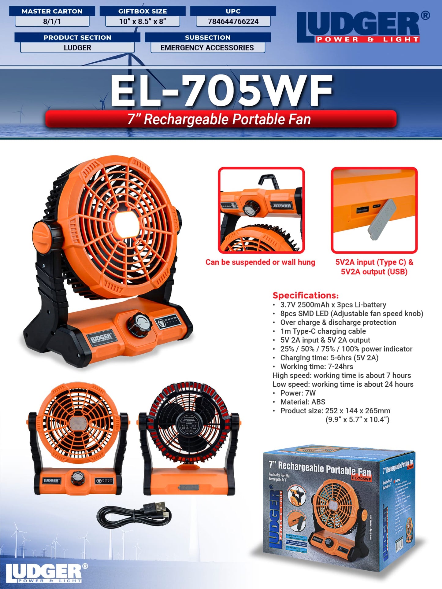 Ludger Rechargeable Fan 7” with Emergency Light EL-705WF