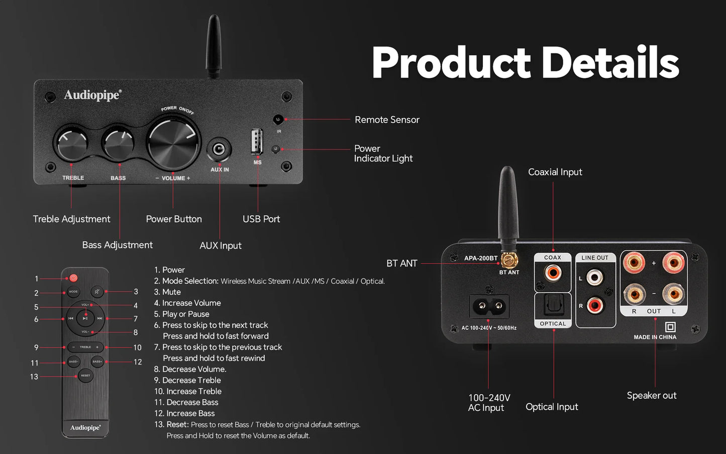 Audiopipe Mini HI-FI Amplifier APA-200BT