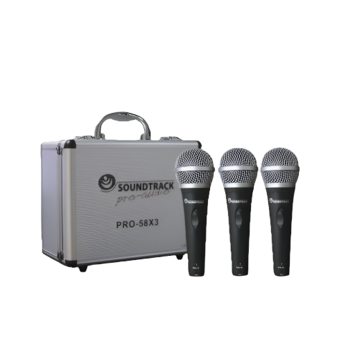 Three black dynamic microphones with wired connections, displayed alongside a silver metal case with the brand 'Soundtrack' and model 'PRO-58X3' printed on it.