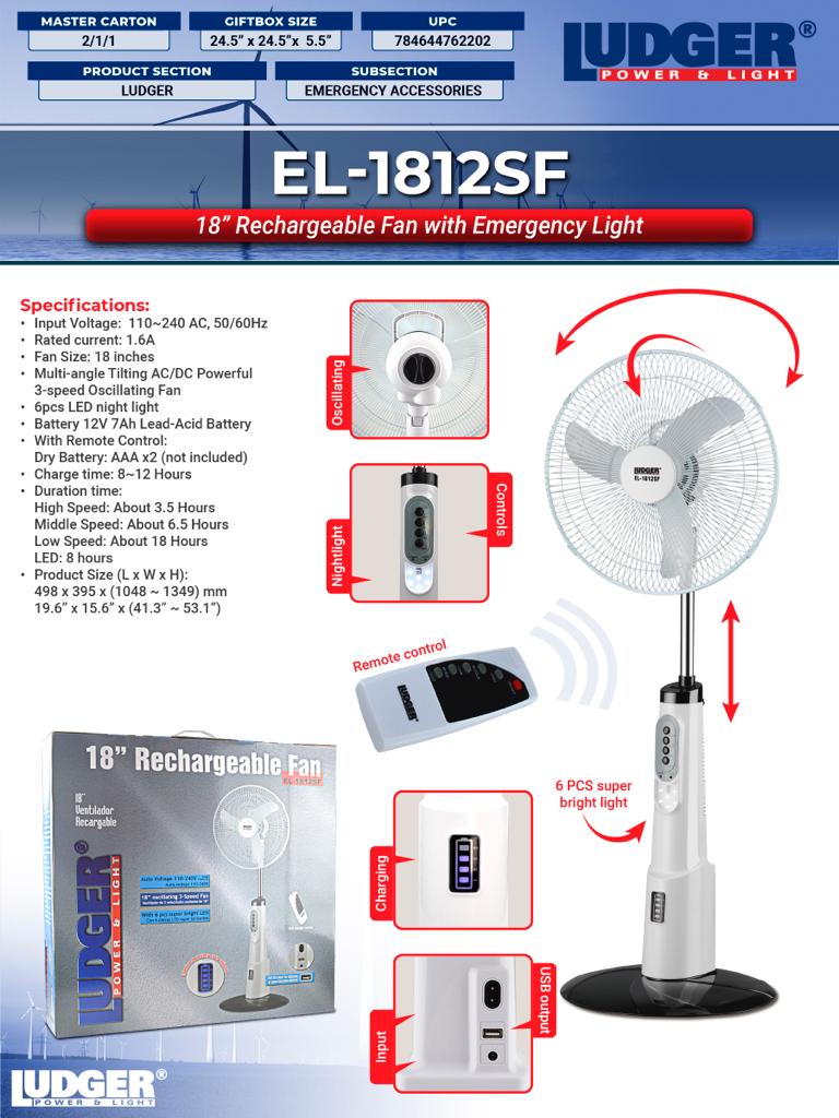 Ludger Rechargeable Fan 18” with Emergency Light EL-1812SF