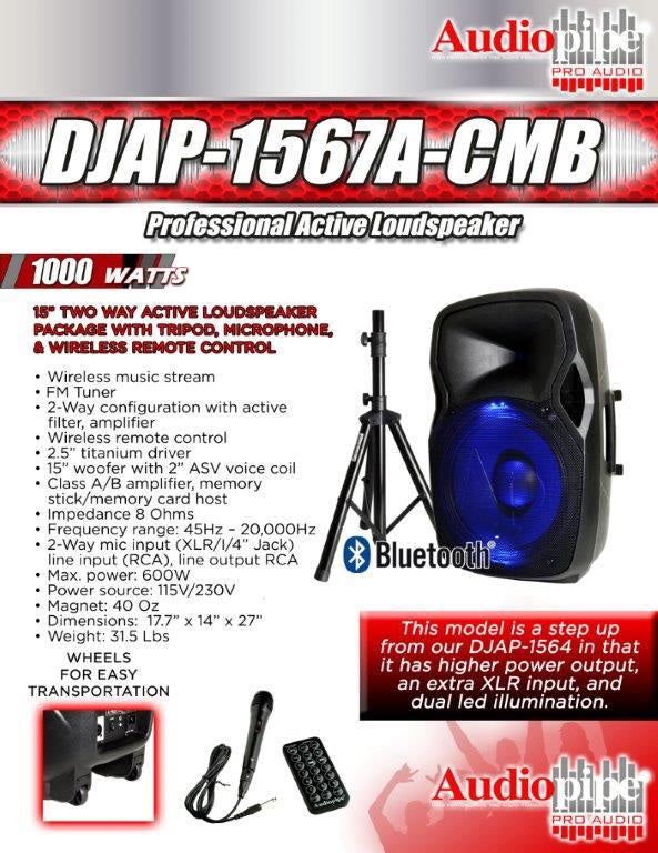 Audiopipe Active Speaker 15” Stand and Microphone DJAP-1567A-CMB
