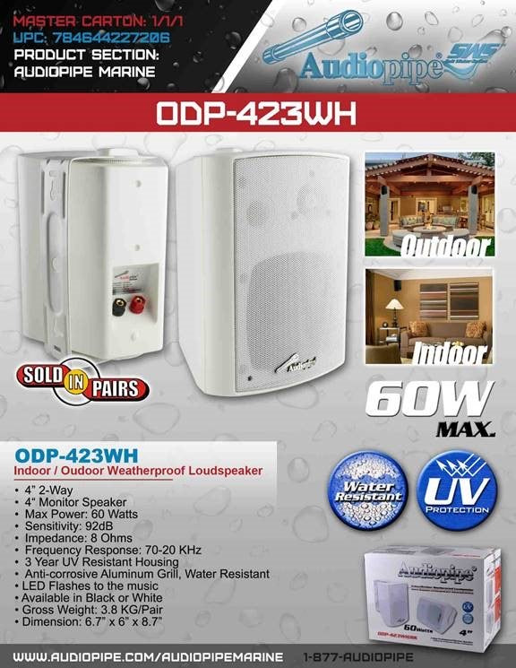 Audiopipe Indoor/Outdoor Weatherproof Loudspeakers ODP-423WH