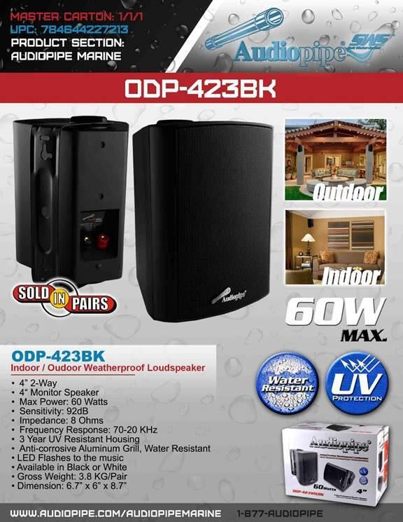 Audiopipe Indoor/Outdoor Weatherproof Loudspeakers Odp-423Bk