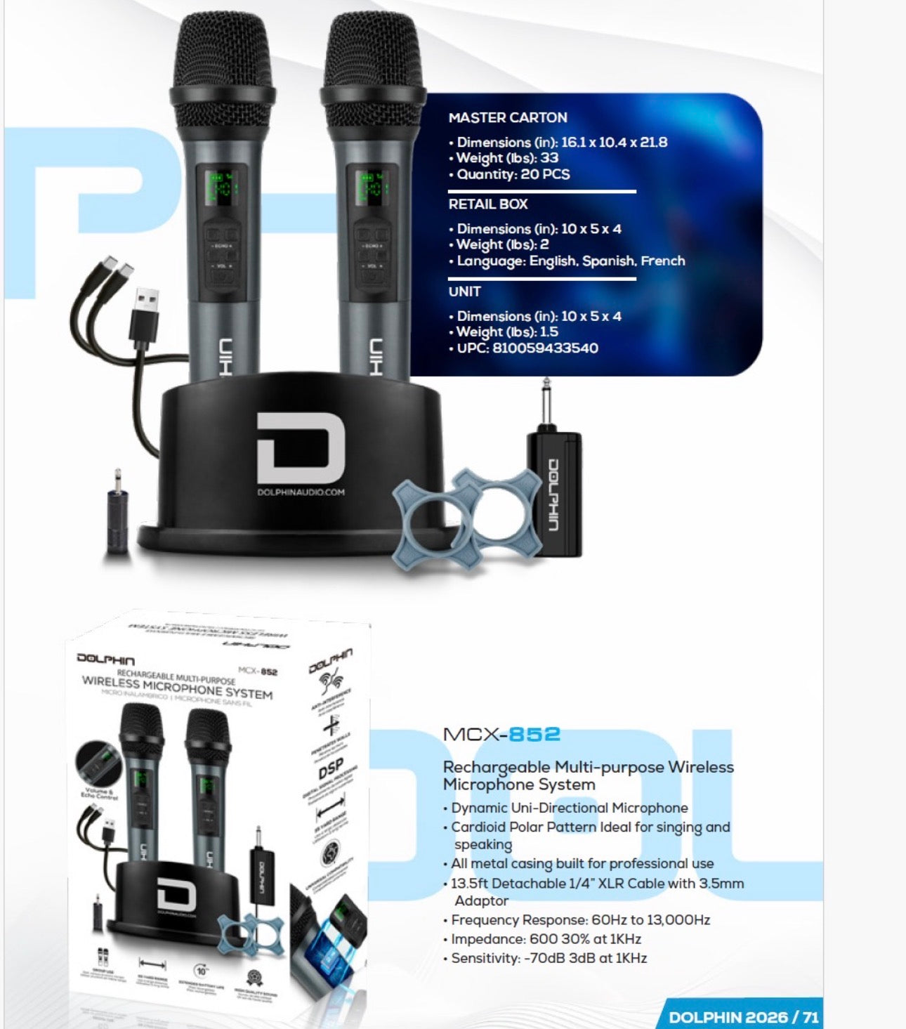 Dolphin MCX-852 Rechargeable UHF Wireless Microphone System 2 Microphones