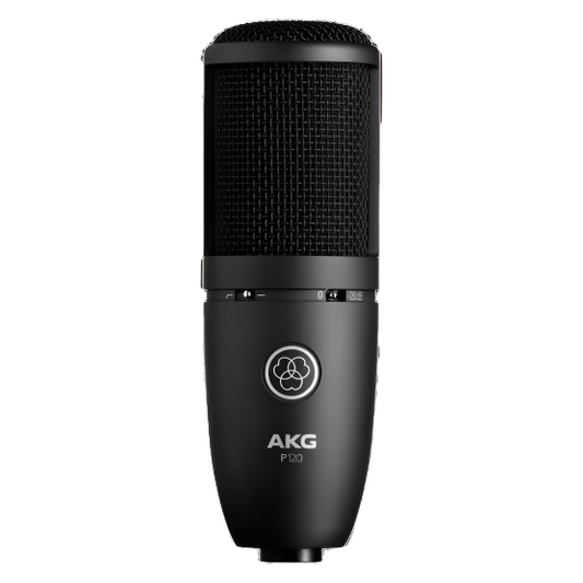 A black AKG condenser microphone, model P120, with a pop filter in place.