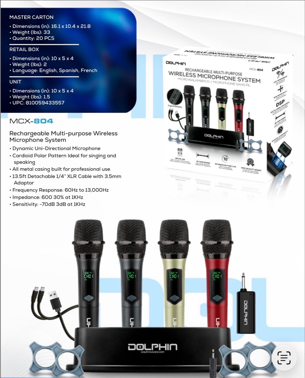 Dolphin MCX-804 Rechargeable Wireless Microphone System 4 Microphones