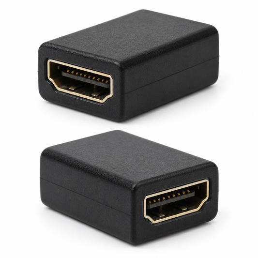 Illustrative image: one HDMI female to female coupler shown from two sides