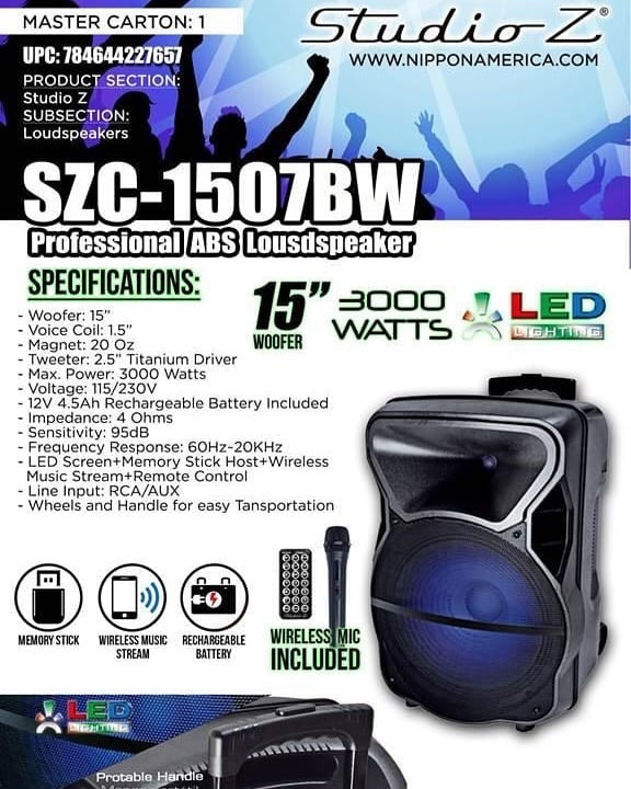 Studio Z 15” Rechargeable Speaker 3000 Watts SZC-1507BW