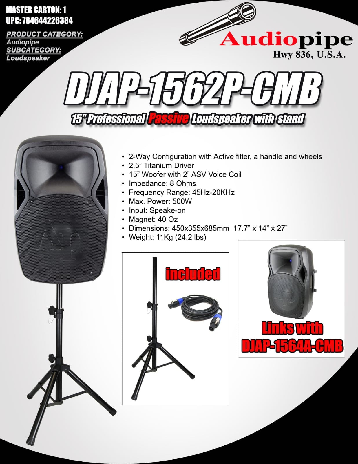 Audiopipe Passive Loudspeaker With Stand Djap-1562P-Cmb 500 Watts