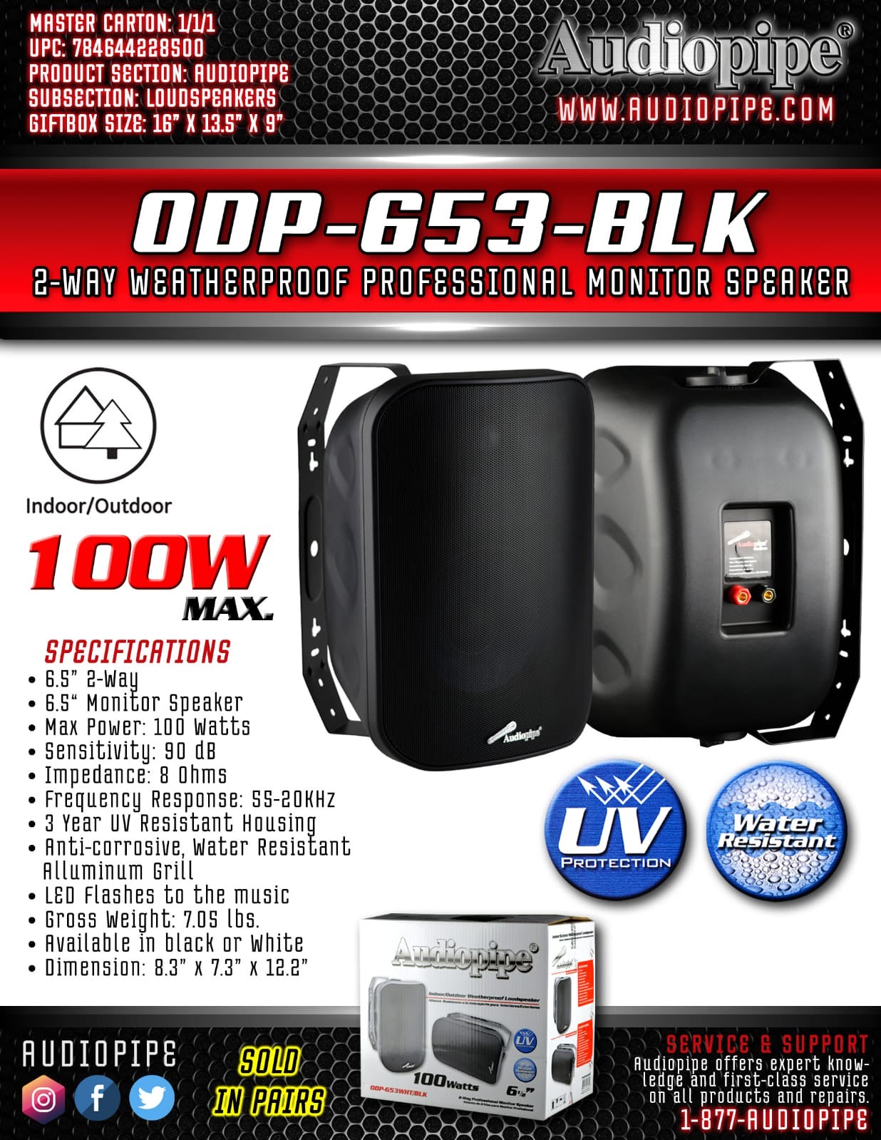 Audiopipe Indoor/Outdoor Weatherproof Loudspeakers Odp-653-Blk