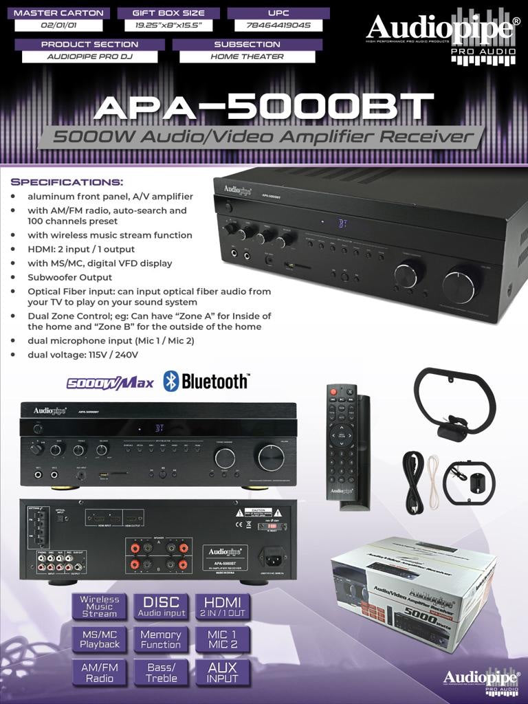 Audiopipe Home Receiver Am/Fm - Bluetooth APA-5000BT
